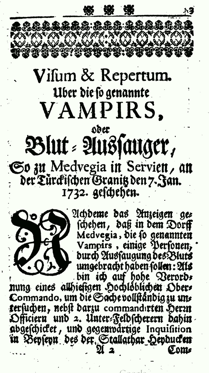 Cover page of a vampire report from the early 1700s